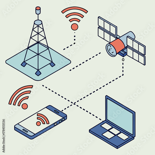 Isometric illustration of a modern communication network with satellite, antenna, smartphone, and laptop