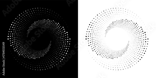 Modern abstract background. Halftone dots in circle form. Spiral logo, icon or design element. Black dots on a white background and white dots on the black side.