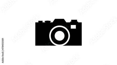 Sleek black camera icon silhouette isolated on white background, photography concept, digital media symbol, visual art element.