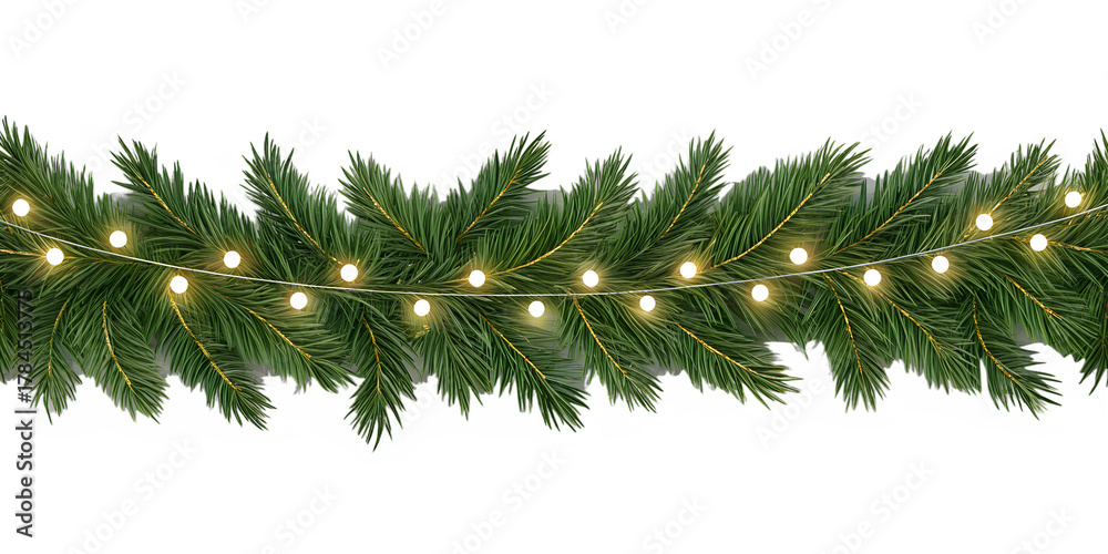 Obraz premium Green fir Christmas garland decorated with glowing yellow string lights, perfectly isolated on a transparent background for festive holiday designs.