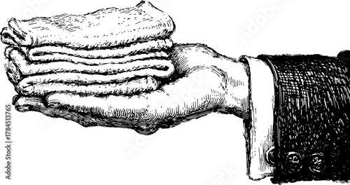 Vintage engraving of a hand holding a stack of cloth. Detailed vector illustration showcasing a traditional cleaning service set.
