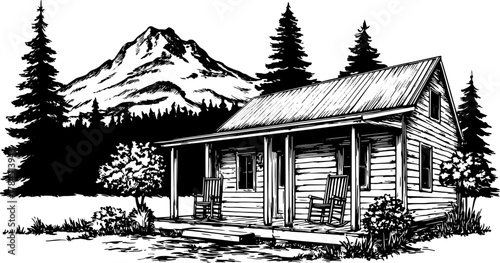 Vintage cabin silhouette among mountains and trees. Hand-drawn black and white vector illustration showcasing a rural outdoor scene.