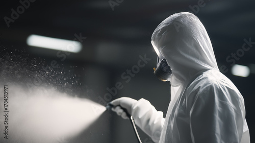 decontamination. A white hazmat suit being sprayed with mist in a clean room. safety posters, maintenance manuals, designed for precision metalworking and fabrication facilities.
