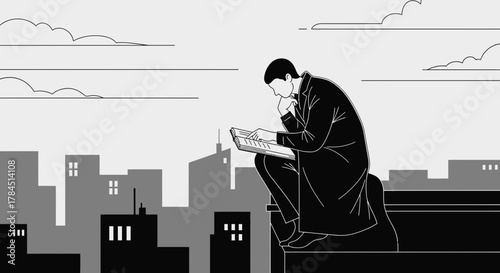 Thoughtful contemplation in the city, a man reads on a rooftop, blending urban solitude and