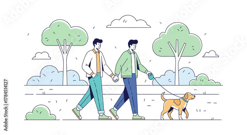 Vector illustration of a gay couple walking a dog in the park, showing love and togetherness in a