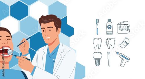 Vector illustration of a dentist examining a patient with dental equipment and dental care items