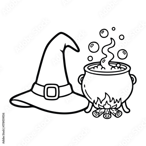 Cartoon Witch Hat and Bubbling Cauldron - Halloween Line Art Clipart