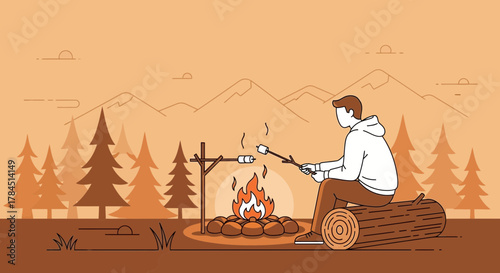 Vector illustration of a person toasting marshmallows at a campfire amidst nature backdrop on