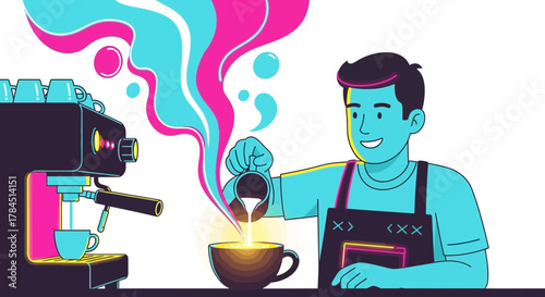 Vibrant barista illustration crafting a latte with modern coffee machine design