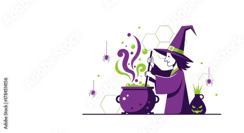 Whimsical Halloween Illustration Featuring a Witch Brewing a Potion in a Cauldron