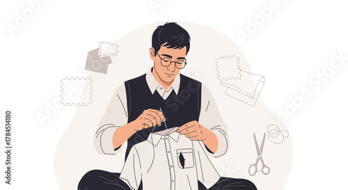 Young man sewing a shirt with needle and thread showcasing traditional crafts and meticulousness