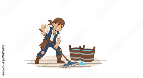 Cartoon depiction of a disgruntled pirate scrubbing the deck with determination and effort
