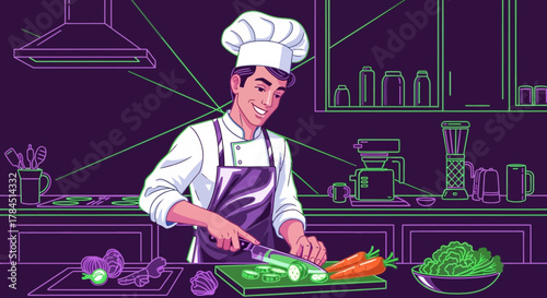 Chef preparing fresh vegetables in kitchen with neon color scheme illustration