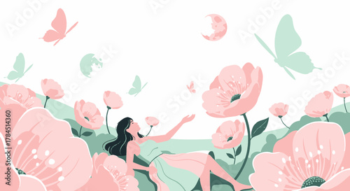 Dreamy scene of a woman surrounded by flowers with butterflies and a gentle moon