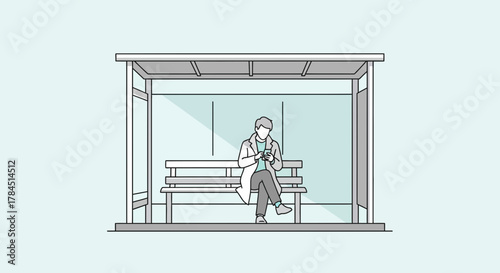 Illustration of a man using smartphone while waiting at bus stop in minimalistic style