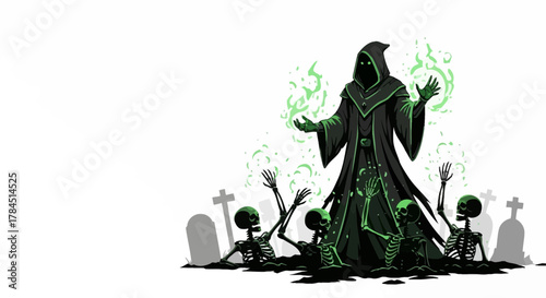 Illustration of a Necromancer Raising Skeletons from Graves in a Cemetery with Green Magic