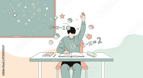 Illustration of a student raising his hand in class with equations floating around him in classroom