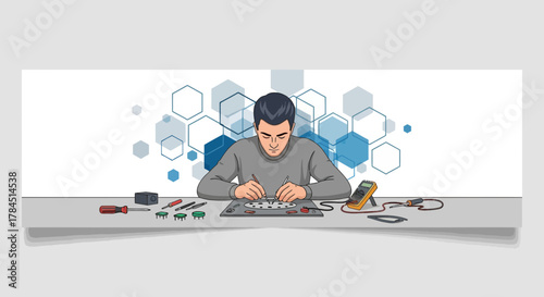 Illustration of a technician repairing electronic components on a workbench with precision tools