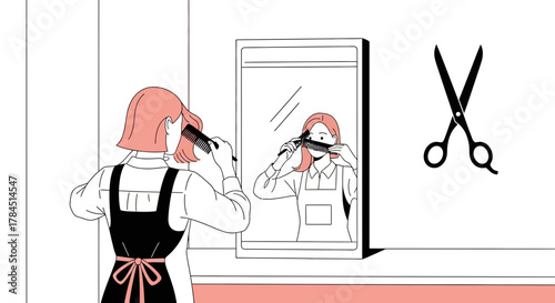 Illustration of a young woman cutting her own hair in front of a mirror at home hobby project