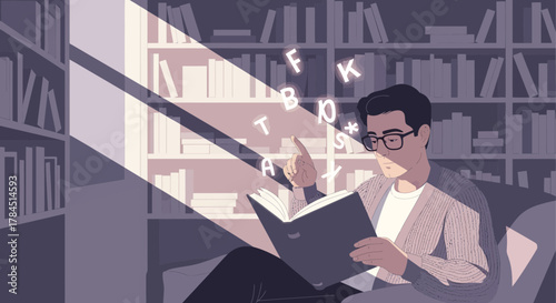 Man engrossed in a book with floating letters and a bookcase background illuminated