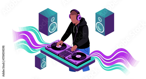 Isometric DJ mixing music with turntables and speakers creating a vibrant soundscape