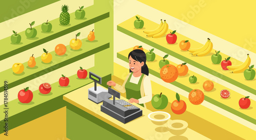 Isometric illustration of a woman at a fruit stand with various fruits on display creating a fresh