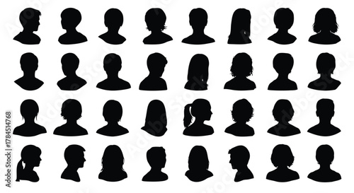 Vector art of diverse collection of head silhouette, showcasing various hairstyles and profiles for use in avatars, icons, and design elements