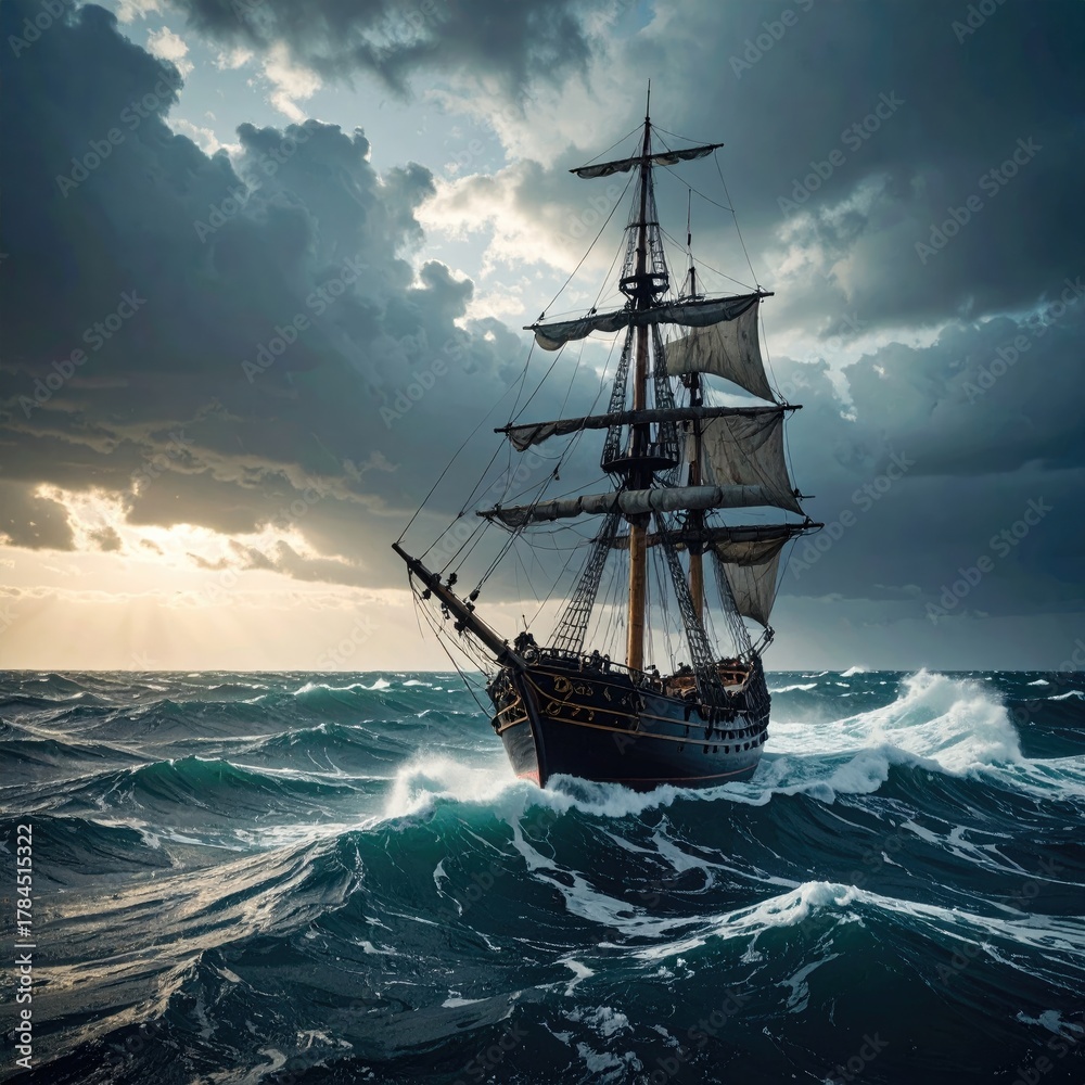 Obraz premium Sailing Vessel Navigating Turbulent Ocean Waters Under Dramatic Cloudy Sky with Sunlight