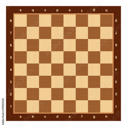 Wooden chessboard, 8x8 game board with algebraic notation, for playing chess or checkers. Standard form with checkerboard pattern, consisting of 64 square shaped fields, arranged in rows and columns.