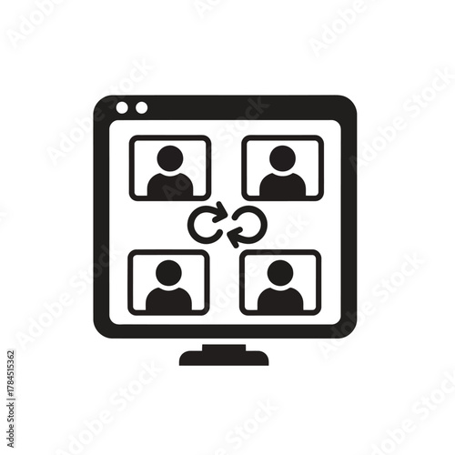 Vector art of a computer screen displaying four video call participants with a looping arrow in the center