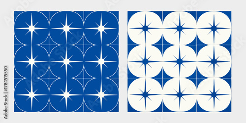 Geometric starburst patterns in blue and white complementary designs