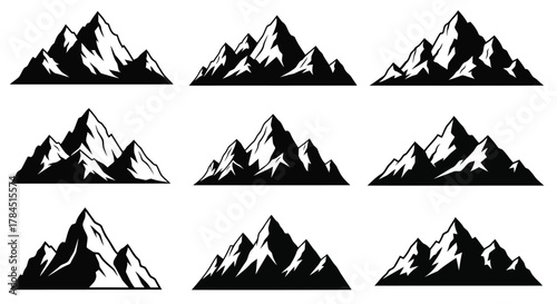 Vector art of a set of mountain icons, each representing a unique peak or range, perfect for outdoor adventure, nature, and landscape themes