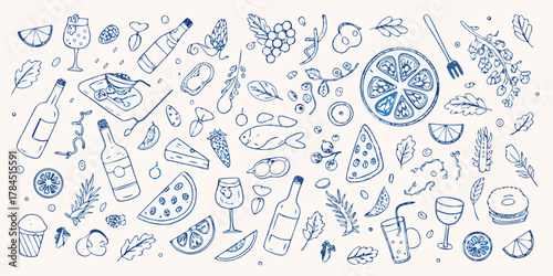 Whimsical hand drawn food and drink elements collection with fruits vegetables and wine bottles