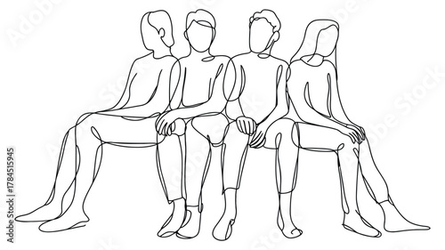 Minimalist line art of four people sitting together, expressing unity, connection, and human presence through abstract simplicity