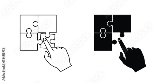 Vector art of problem solving and solution concept illustration of a hand putting a puzzle piece into a jigsaw puzzle