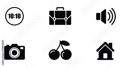 minimalist icon set featuring clock, briefcase, speaker, camera, cherries, and house, symbolizing time, work, sound, food, and home