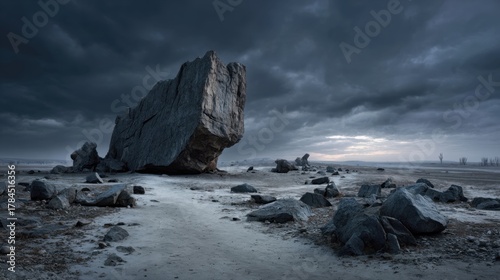 Dramatic granite boulders and rugged landscape under stormy dark sky in desolate terrain