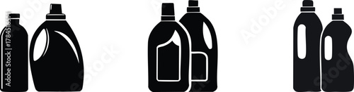 A minimalist illustration of three groups of bottles, likely representing cleaning or liquid products in various shapes and sizes.
