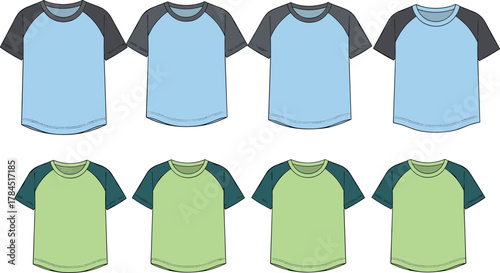 Boys t-shirt collection, short sleeve styles, contrast sleeve and collar design, color variations, front view, youth fashion, vector illustration, clothing template