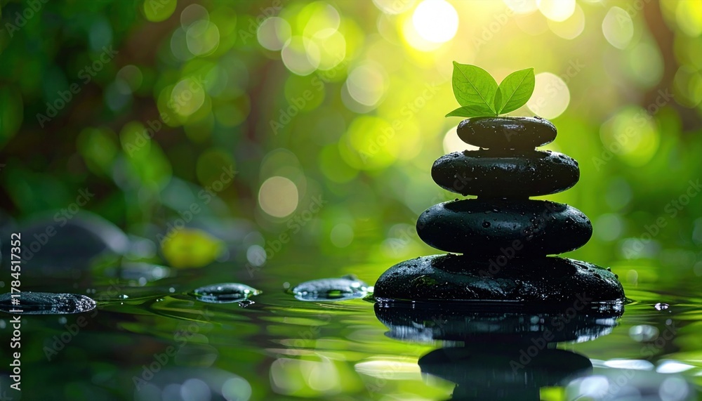 Obraz premium Black stones stacked with leaves atop, tranquil water, and vibrant green bokeh