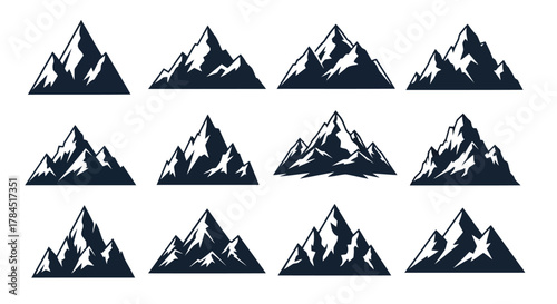 Vector art of set of twelve mountain silhouette icons, representing various peaks and ranges, perfect for outdoor adventure and naturethemed designs