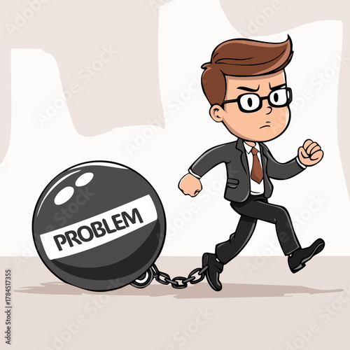 Cartoon Businessman Chained to a Problem Ball While Running – Stress and Struggle Concept
