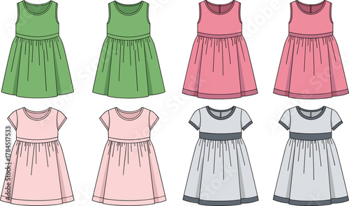Girls dresses collection, sleeveless and short-sleeved styles, pleated skirt design, color variations, fashion illustration, children’s clothing, front view, vector template