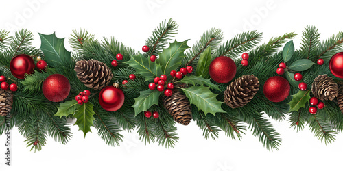 A vibrant Christmas garland beautifully combines lush evergreen branches, bright red holly berries, shiny baubles, and natural pine cones, forming a cheerful decorative border.