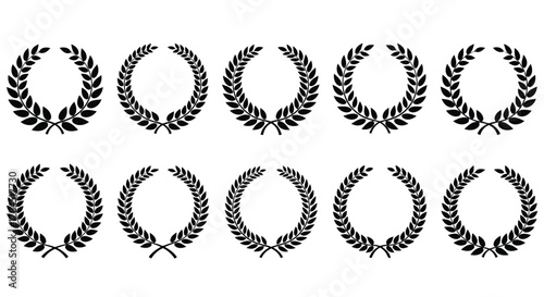 Vector art of a set of ten laurel wreath icons, the wreaths are black and white vector illustrations of different styles