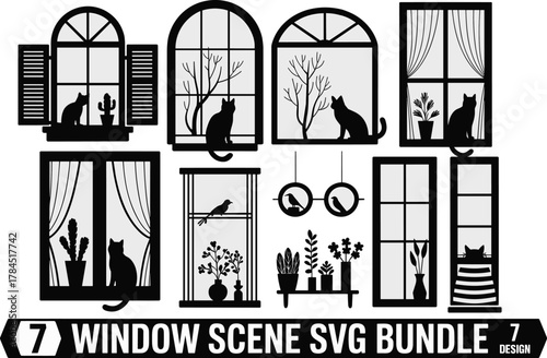 Window scene silhouette bundle, cozy home view icons, cat plant curtain shapes, interior graphic set, flat vector illustration, black design