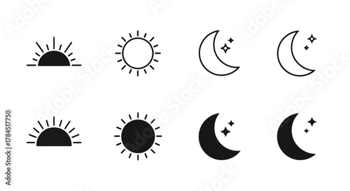 Vector art of sun and moon icons in black and white, the vector illustrations show different phases and styles