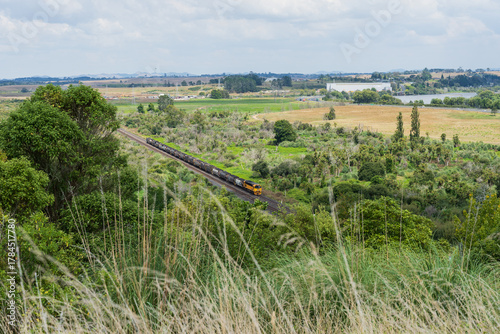 Freight train passing through the Waikato countryside, New Zealand