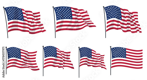 Vector art of set of six waving american flags, symbolizing patriotism, independence, and national pride in a dynamic and vibrant display