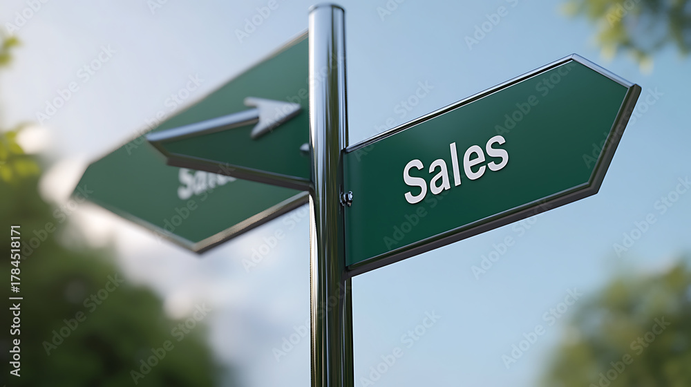 Fototapeta premium Directional sign pointing the way to increased sales, growth and prosperity. The clear signage and bright backdrop evoke a sense of clarity and optimism. #SalesGrowth